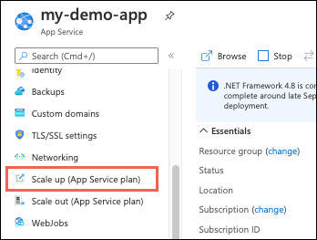 Capture d’écran montrant comment effectuer un scale-up de votre plan App Service.