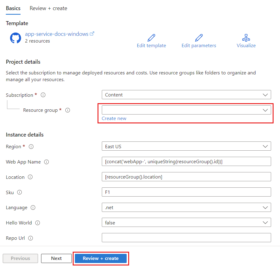 Capture d’écran du modèle ARM dans le portail Azure.