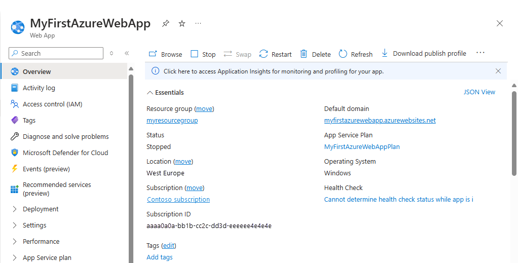 Capture d’écran du portail Azure - Page d’aperçu d’App Service.