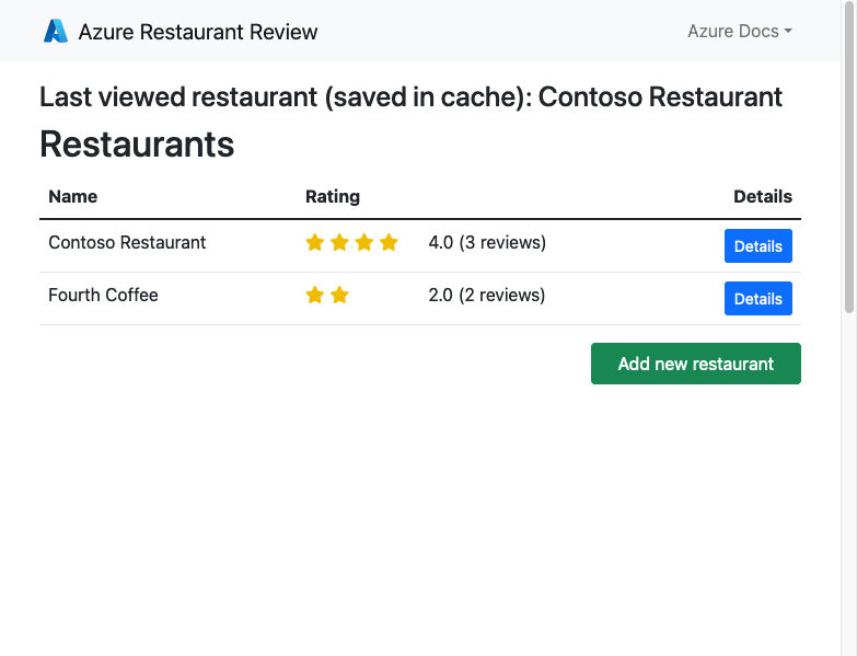 Capture d’écran de l’application web Flask avec PostgreSQL s’exécutant dans Azure montrant des restaurants et critiques de restaurants (Django).