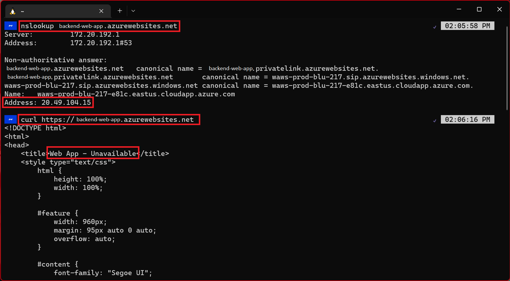 Capture d’écran d’un terminal externe utilisant nslookup et curl pour l’application web back-end.