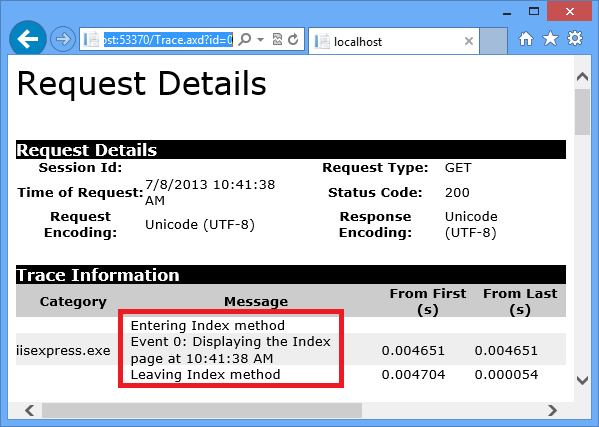 Capture d’écran de la page Détails de la requête dans un navigateur web montrant un message mis en évidence dans la section Informations de traçage.