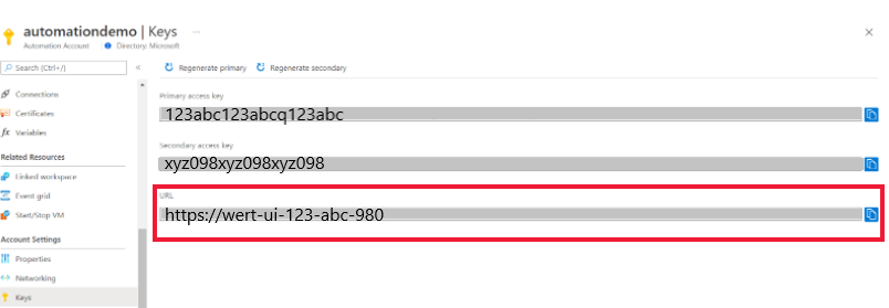 Capture d’écran de clés et d’URL Automation