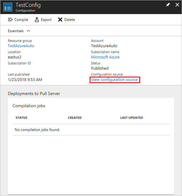 Capture d’écran du panneau Configuration de TestConfig