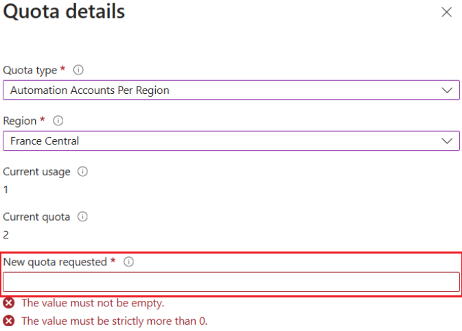 Capture d’écran montrant comment demander une nouvelle augmentation ou diminution de quota.