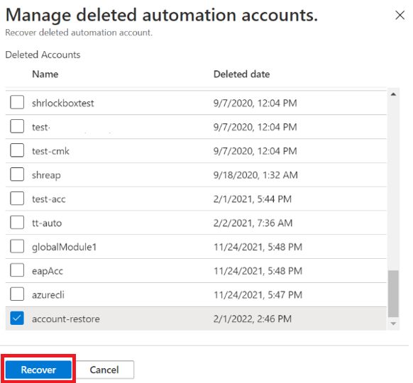 Capture d’écran montrant la récupération du compte Automation supprimé.