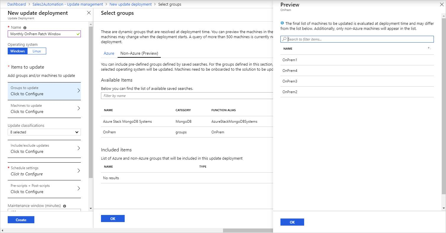 Capture d’écran montrant la page Sélectionner des groupes pour les machines non Azure (préversion) et le volet de visualisation sur le côté droit.