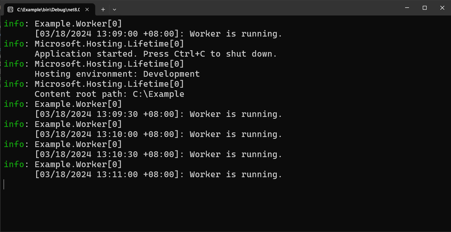 Capture d’écran de la console avec le service en arrière-plan exécuté avec l’indicateur de fonctionnalité désactivé.