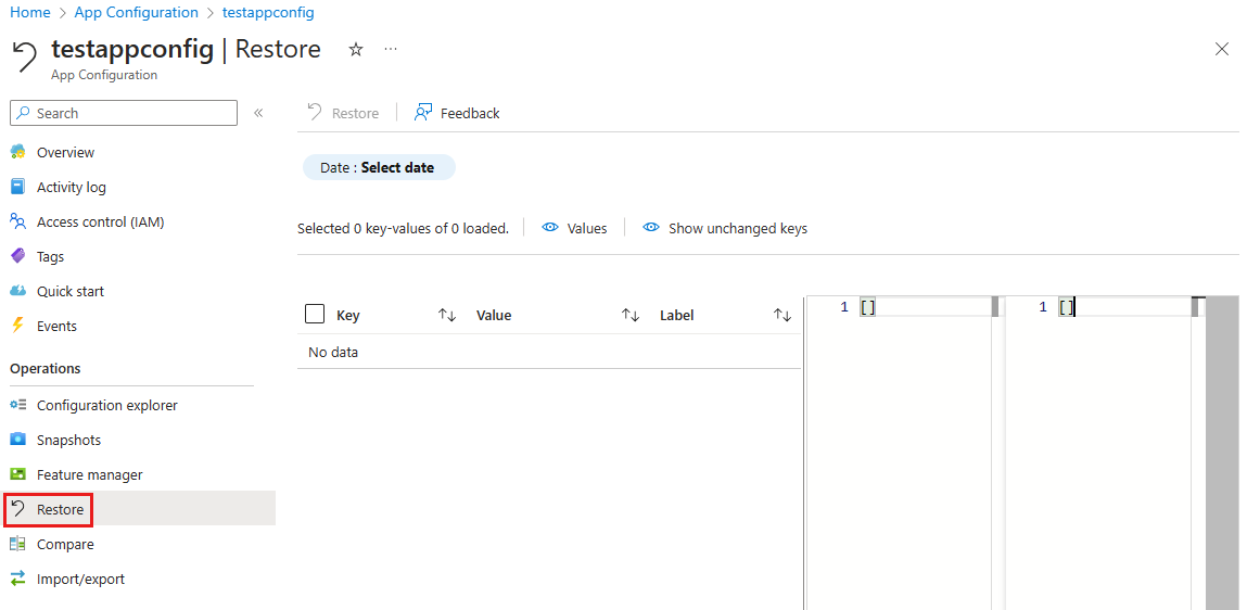 Screenshot of the Azure portal, selecting restore