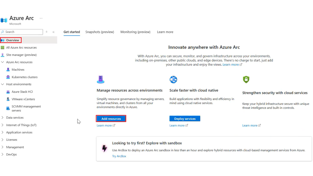 Capture d’écran montrant comment ajouter VMware vCenter via Azure Arc.