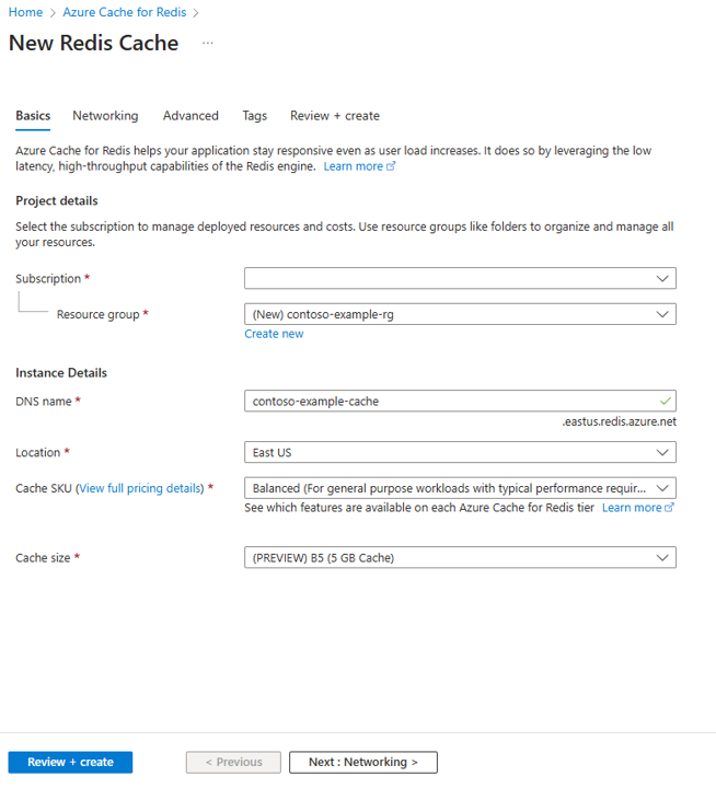 Capture d’écran montrant l’onglet Informations de base de Redis managé Azure.