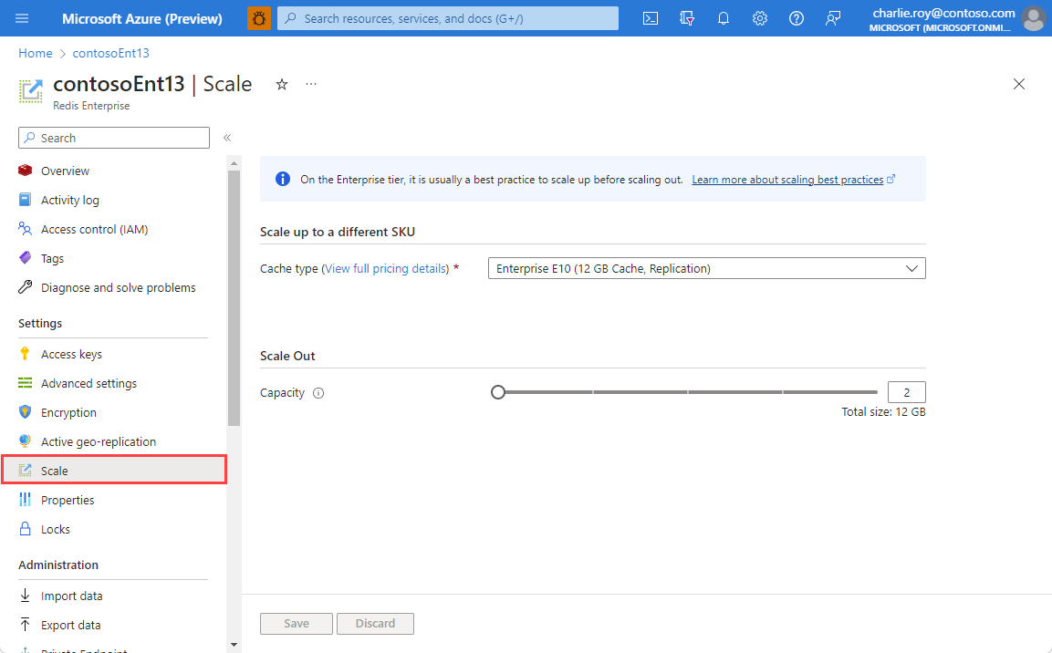 Capture d’écran montrant l’option Mettre à l’échelle sélectionnée dans le menu Ressource d’un cache Enterprise.