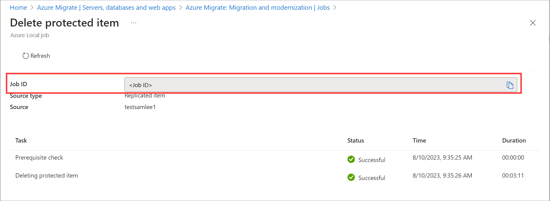 Capture d’écran des outils > de migration de projet > Azure Migrate Vue d’ensemble des > travaux > de migration > locale Azure Que votre travail > crée ou met à jour un élément protégé dans Portail Azure.