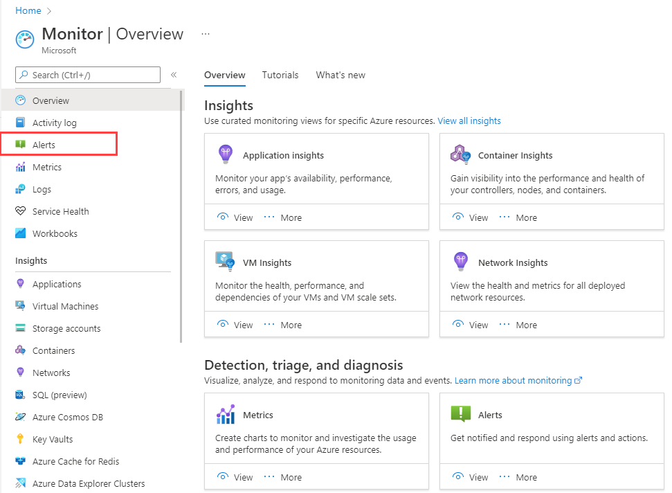 Capture d’écran montrant Alertes dans le menu Azure Monitor. 