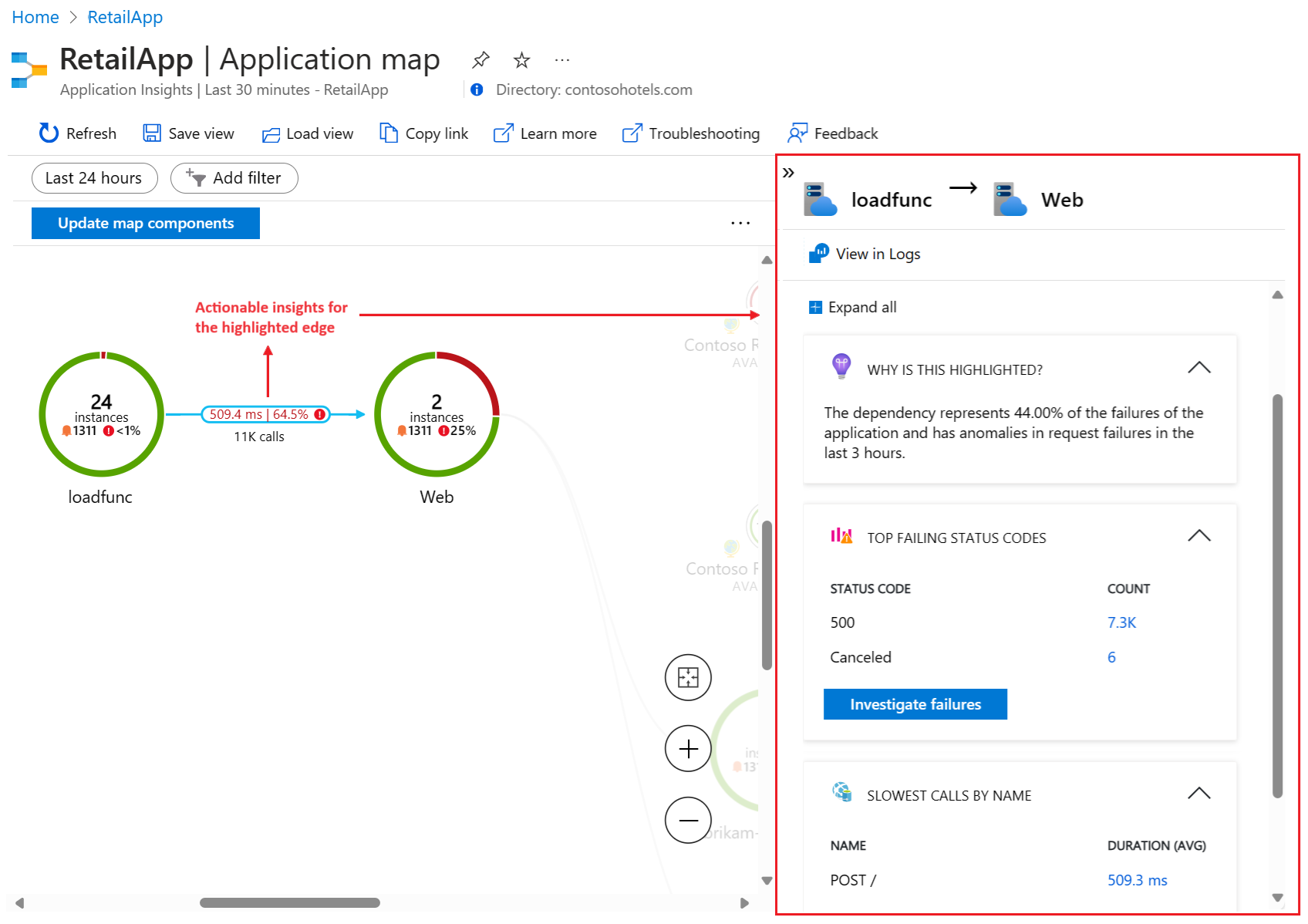 Capture d’écran montrant les insights exploitables de l’arête sélectionnée dans la cartographie d’application.