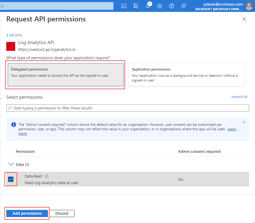 Capture d’écran montrant la suite de la page Demander des autorisations d’API.