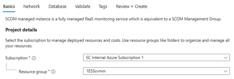 Capture d’écran montrant les détails du projet pour la création d’une Instance SCOM gérée.