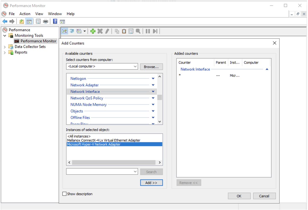 Capture d’écran montrant l’interface Ajouter un compteur dans l’Analyseur de performances.