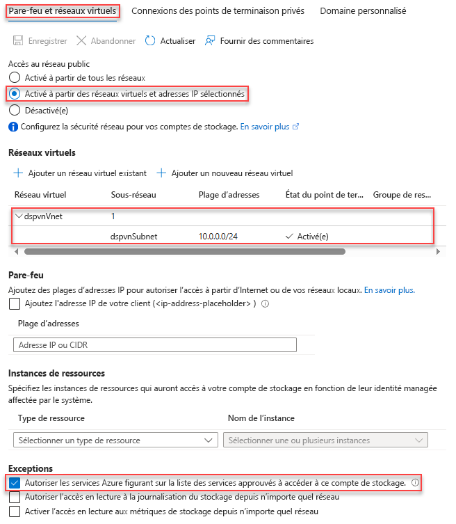 Capture d’écran des sélections permettant la configuration d’un compte de stockage pour accéder à un réseau privé.