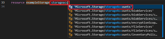 Capture d'écran de la sélection des comptes de stockage pour le type de ressource.