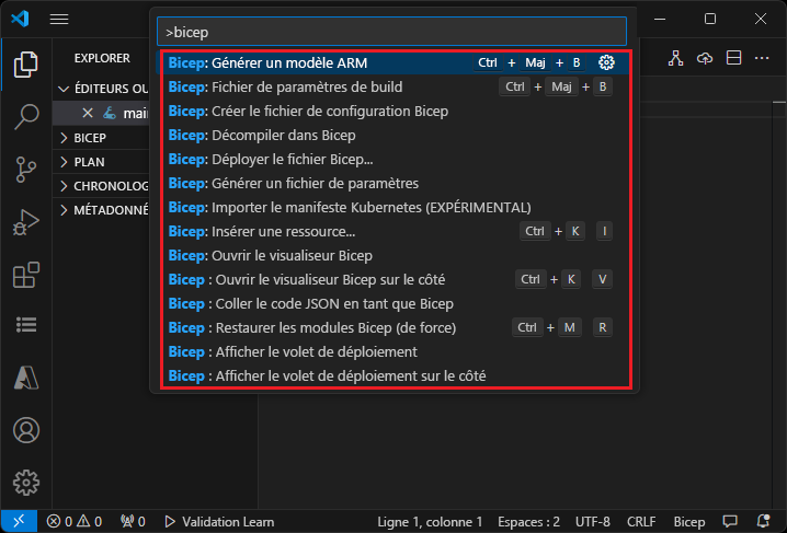 Capture d’écran des commandes Bicep de Visual Studio Code dans la palette de commandes.