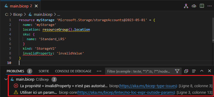 Capture d’écran du volet Problèmes de Visual Studio Code Bicep.