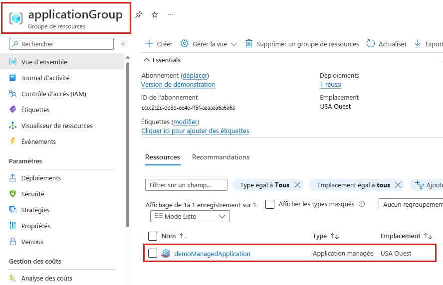 Capture d’écran montrant le groupe de ressources qui contient l’application managée.