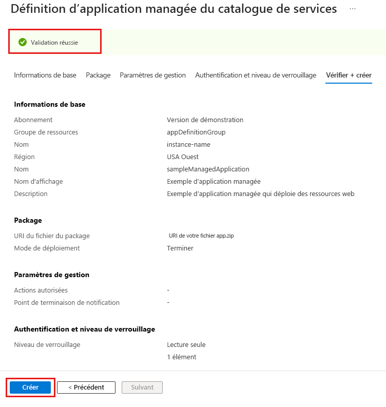 Capture d’écran du portail montrant la validation passée pour la définition d’application managée.