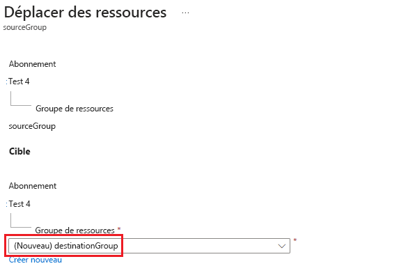 Capture d’écran du portail Azure où l’utilisateur spécifie le groupe de ressources de destination pour l’opération de déplacement.