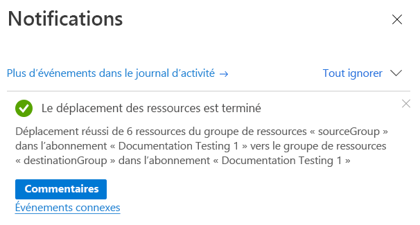 Capture d’écran du portail Azure affichant une notification avec les résultats de l’opération de déplacement.