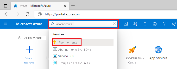 Capture d’écran de la recherche du portail Azure.