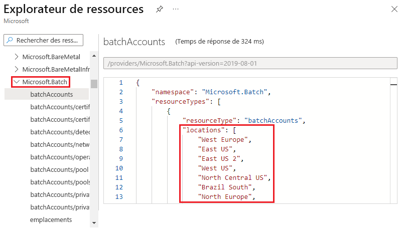 Capture d’écran affichant les emplacements valides d’un type de ressource dans Azure Resource Explorer.