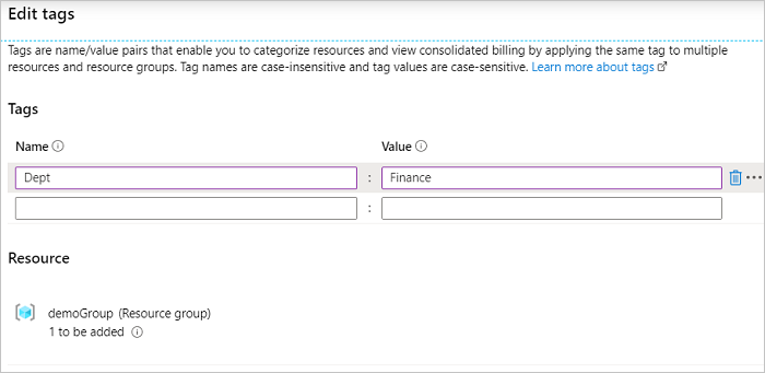 Capture d’écran du portail Azure avec la boîte de dialogue Ajouter une balise ouverte.