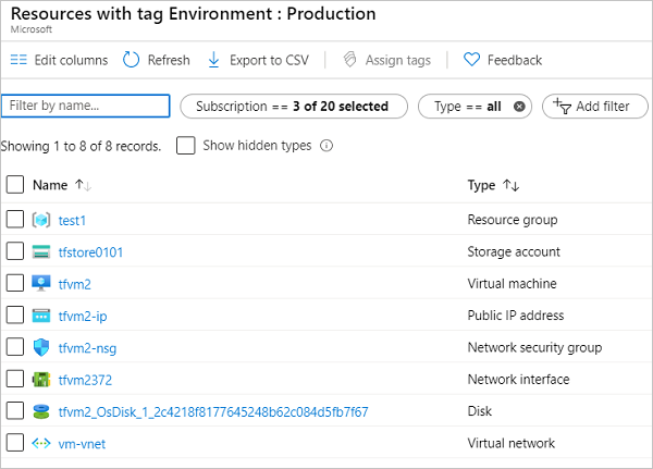 Capture d’écran du portail Azure montrant une liste des ressources filtrées en fonction de la balise sélectionnée.