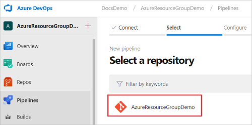 Capture d’écran de la sélection du référentiel pour le projet dans Azure DevOps