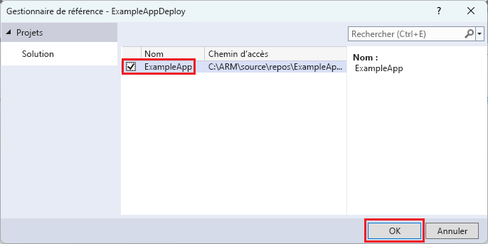 Capture d’écran de la fenêtre Ajouter une référence dans Visual Studio avec le projet d’application web sélectionné.