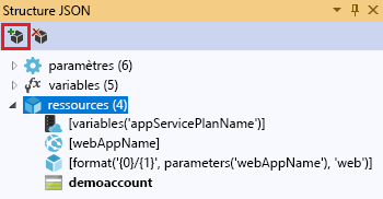 Capture d’écran de la fenêtre Structure JSON avec l’option Ajouter une nouvelle ressource mise en surbrillance.