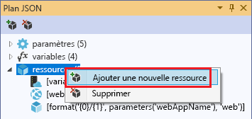 Capture d’écran montrant la fenêtre Structure JSON mettant en surbrillance l’option Ajouter une nouvelle ressource.