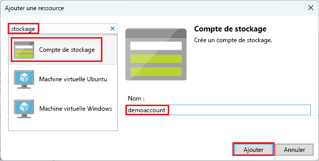 Capture d’écran de la fenêtre Ajouter une nouvelle ressource avec Compte de stockage sélectionné.