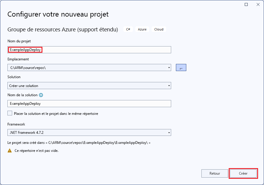 Capture d’écran de la fenêtre de nommage de projet dans Visual Studio.