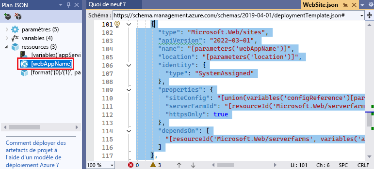 Capture d’écran de l’éditeur Visual Studio avec un élément sélectionné dans la fenêtre Structure JSON.