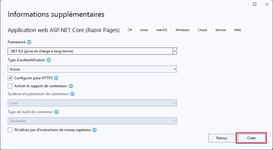 Capture d’écran de la fenêtre Nouvelle application web ASP.NET Core avec Application web sélectionnée.