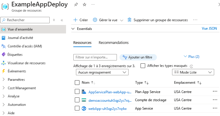 Capture d’écran du Portail Azure affichant des ressources déployées dans un groupe de ressources.
