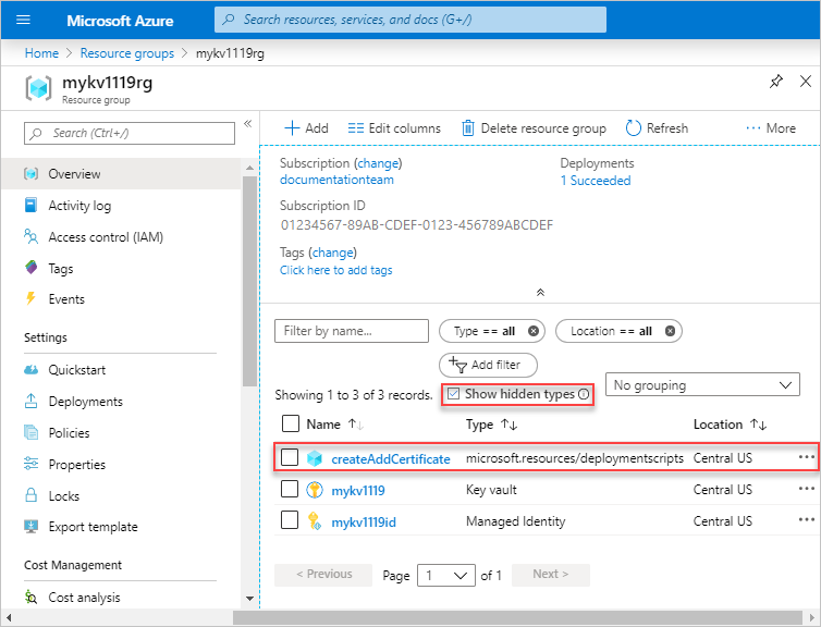 Capture d’écran d’un script de déploiement du modèle Resource Manager avec l’option Afficher les types masqués dans le portail.