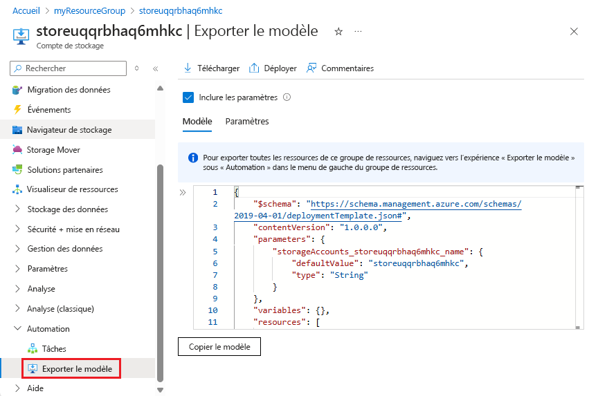 Capture d’écran de l’exportation d’une unique ressource sur le Portail Azure.