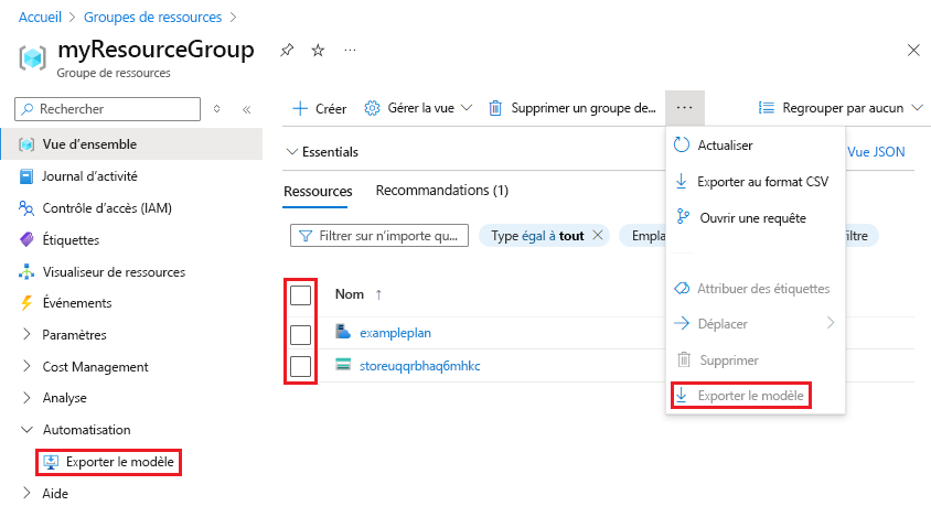 Capture d’écran de la sélection de toutes ressources à exporter dans le Portail Azure.