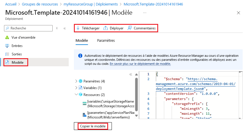 Capture d’écran de la sélection d’un modèle utilisé pour un déploiement spécifique dans le Portail Azure.