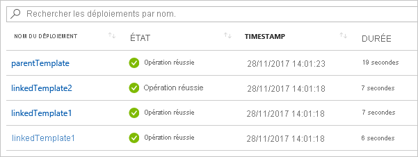 Capture d’écran de l’historique des déploiements dans le portail Azure.