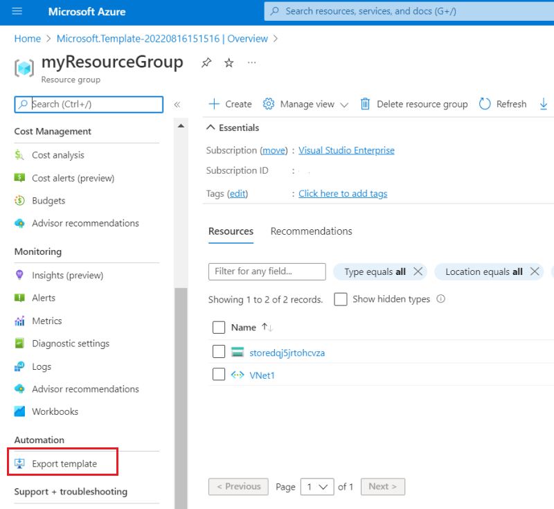 Capture d’écran de l’option d’exportation de modèle sur le Portail Azure.