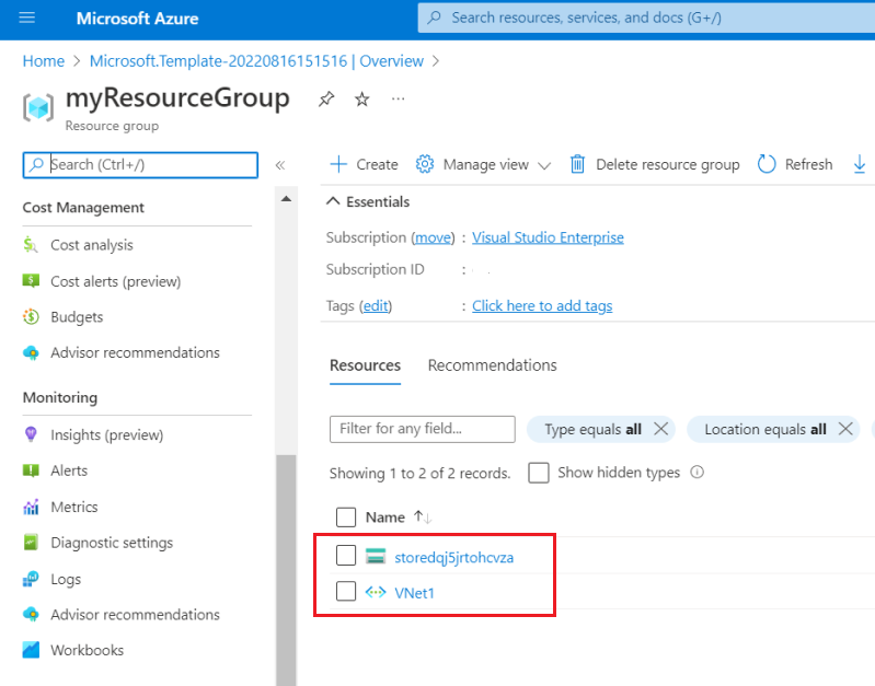 Capture d’écran d’un groupe de ressources avec un compte de stockage et un réseau virtuel sur le Portail Azure.